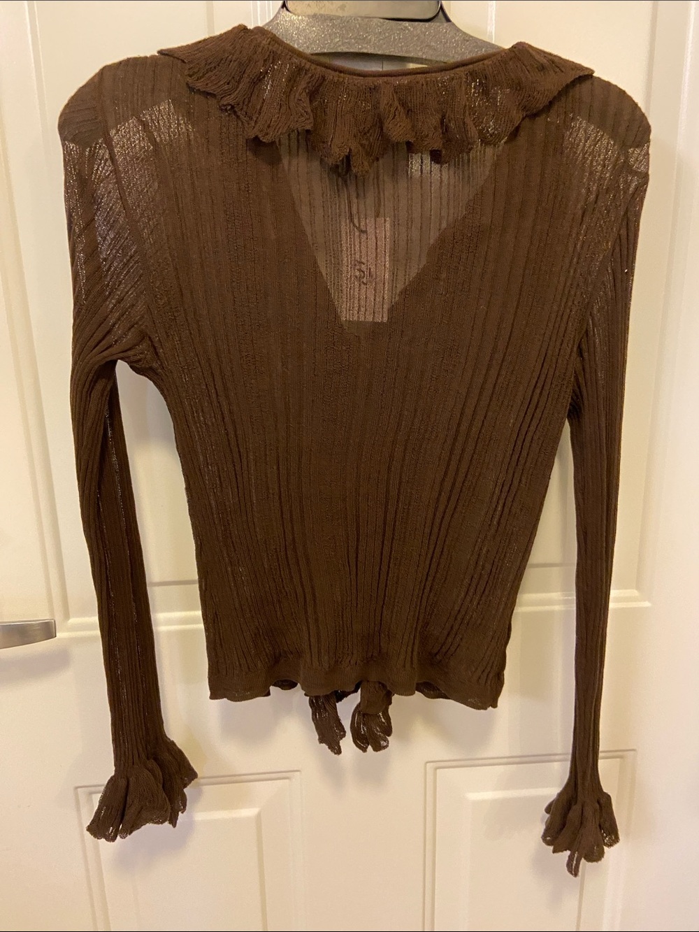 🤎Sincerly Jules Women's Brown Ruffled V-Neck Cardigan🤎 - Picture 4 of 12